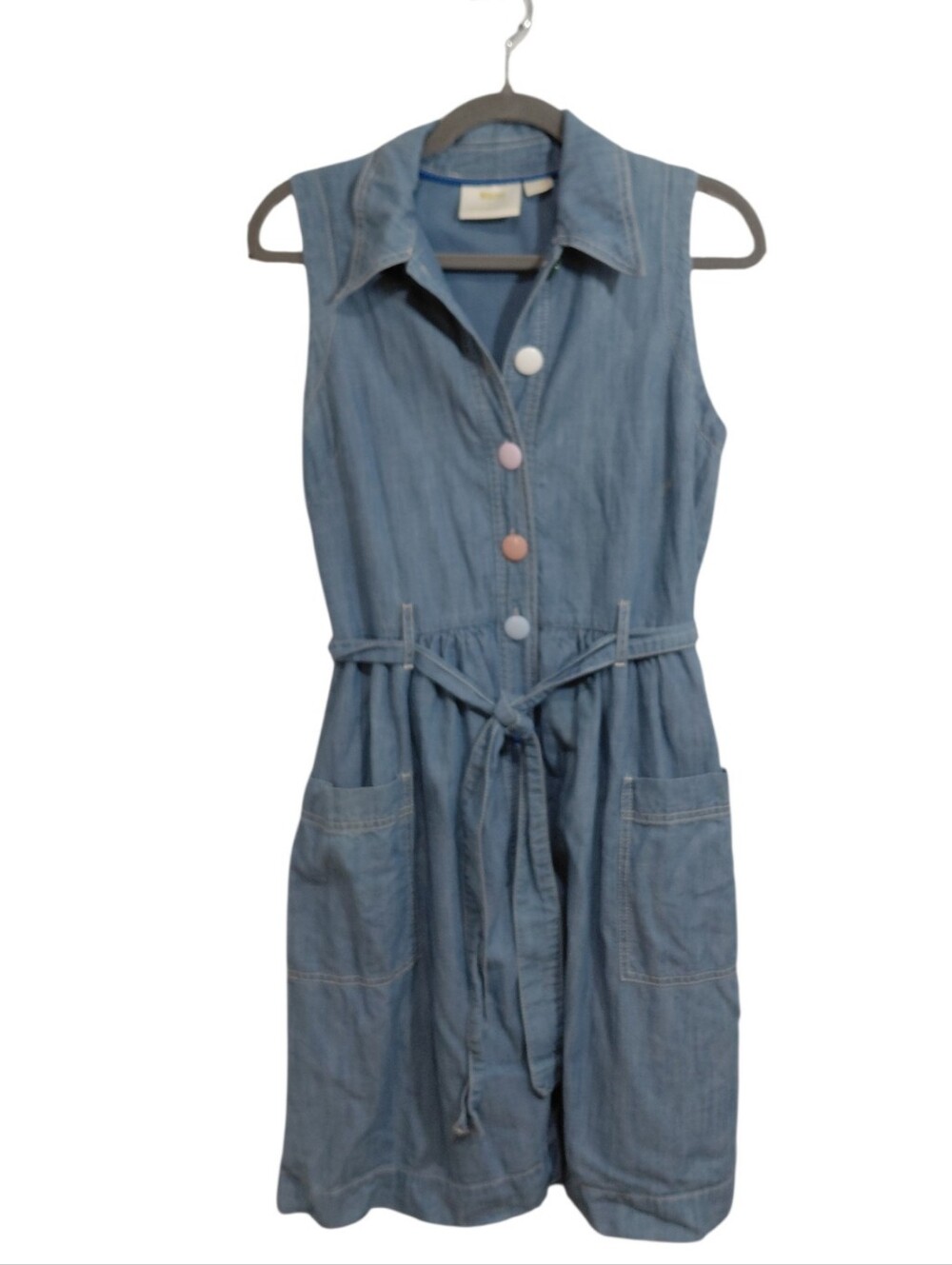 Sleeveless Light Wash Denim Shirt Dress with Tie Waist